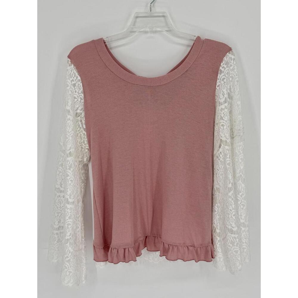 Pink Lace Sleeve Ruffle Hem Top Small Rayon‎ Spandex Suzanne Betro